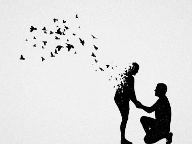 Aşıkların ve uçan kuşların silueti. Sevdiğin birini kaybetmenin kavramsal temsili, yalnızlık ve ölüm. Tasarım, baskılar, kapaklar, tişörtler için hüzünlü mistik arka plan