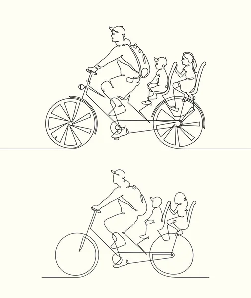 Silhouette Père Avec Enfants Vélo Dessin Ligne Continue Vélo Équitation — Image vectorielle