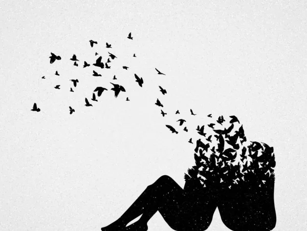 Silhouette Lovers Flying Birds Conceptual Vector Illustration Death Rebirth Sad — Stock Vector