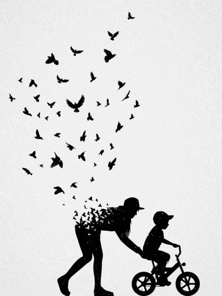 Silhouette Mère Avec Enfant Vélo Illustration Vectorielle Conceptuelle Sur Mort — Image vectorielle