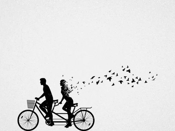 Silhouette Couple Bike Tandem Flying Birds Ilustración Vectorial Conceptual Sobre — Vector de stock