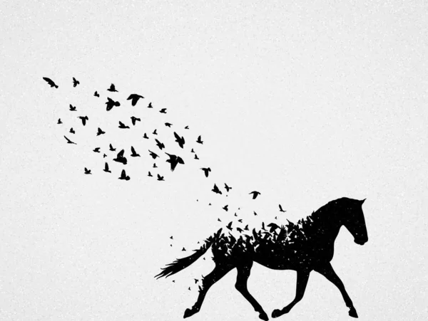 Silueta Běžícího Koně Létajících Ptáků Koncepční Vektorová Ilustrace Umírajícím Zvířeti — Stockový vektor