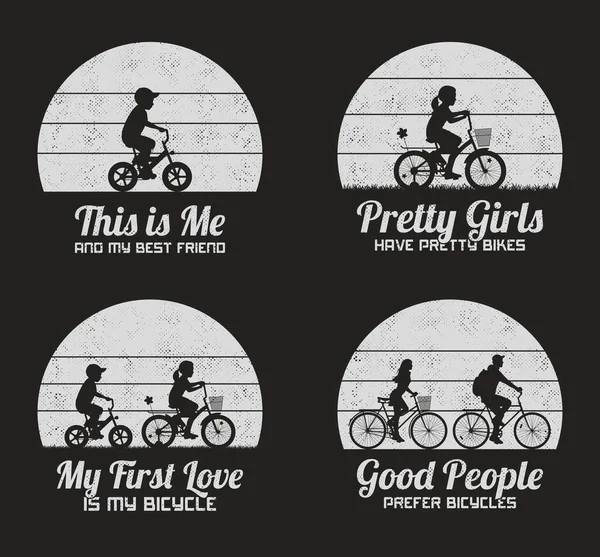 Niños Bicicleta Conjunto Ilustraciones Retro Blanco Negro Con Siluetas Ciclistas — Vector de stock