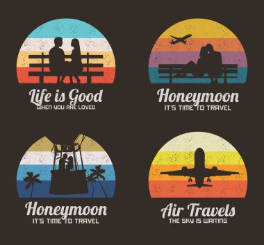 Aşıklar parkta. Tezgahta oturan sevgi dolu çiftlerin siluetlerinin olduğu retro çizimler. İnsanlar balon sepetinde, uçaklar gökyüzünde. Parmak izleri ve tişörtler için romantik vektör arkaplanı