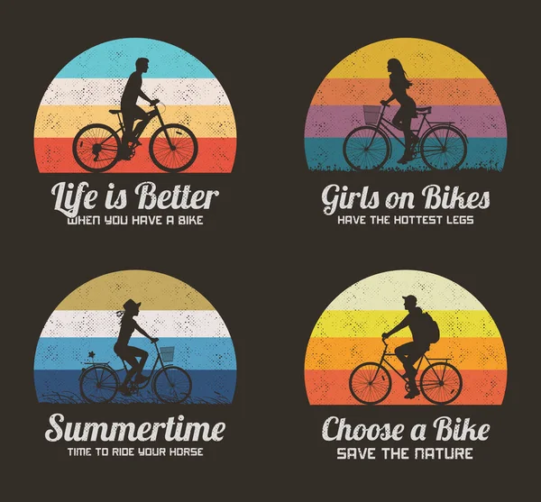 자전거타는 사람들 자전거타는 사람들의 실루엣을 곁들인 지문을 티셔츠 — 스톡 벡터
