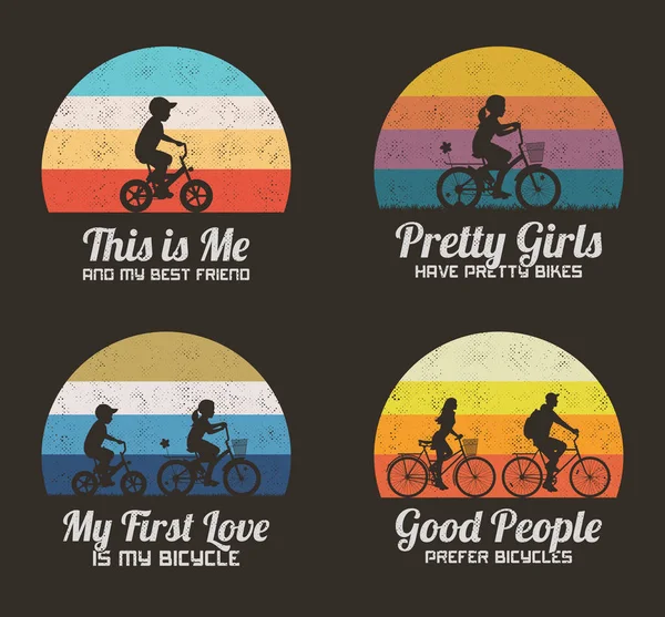 Des Enfants Vélo Ensemble Illustrations Rétro Avec Des Silhouettes Cyclistes — Image vectorielle