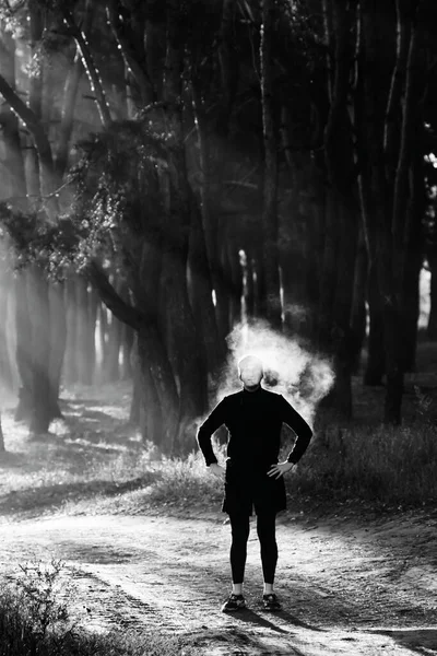 Morning Runner Sportswear Forest Trail Silhouette Man Cloud Mystic Black — Stock Photo, Image