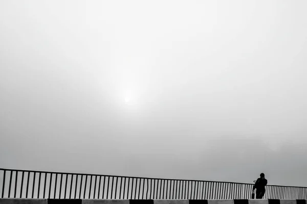 Μοναχική Γυναίκα Στην Ομίχλη Μυστικιστική Ασπρόμαυρη Φωτογραφία Σιλουέτα Πεζούς Στο — Φωτογραφία Αρχείου