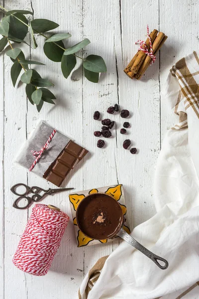 Cup of hot chocolate on wooden background — Stock Photo, Image