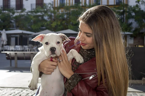 Blond girl with dog — Stock Photo, Image