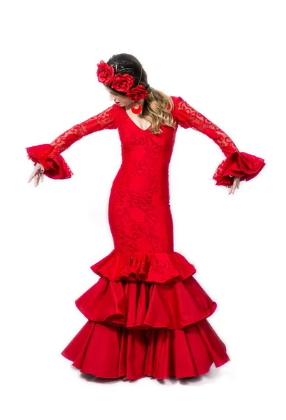 Портрет молодой танцовщицы фламенко в красивом платье — стоковое фото