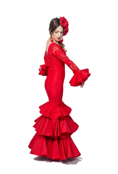 Retrato de una joven bailarina de flamenco en precioso vestido — Foto de Stock
