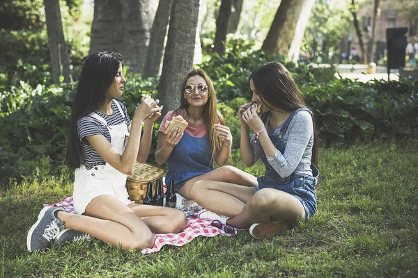 Tre vackra unga kvinnor vänner — Stockfoto