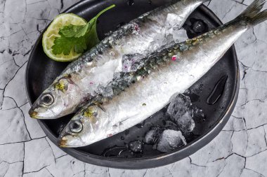 Ahşap tahta üzerinde taze çiğ balık. Arka plan. Yukarıdan