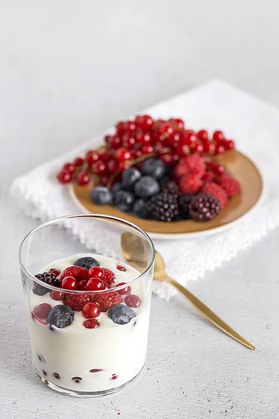 Yoghurt med bär, tranbär och hallon — Stockfoto