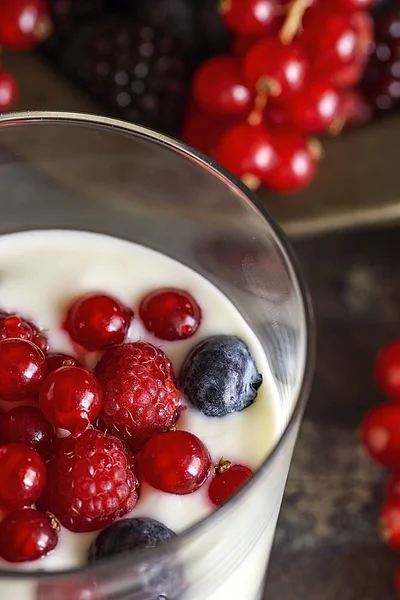 Jogurt s ovocem, brusinkami a malinami — Stock fotografie