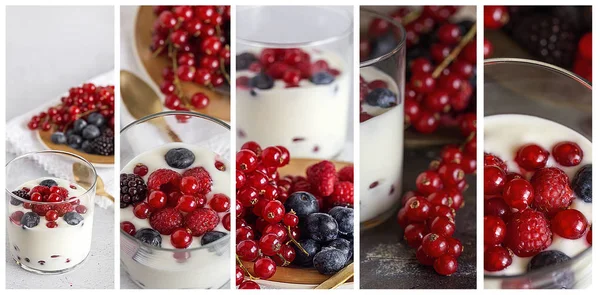 Yogur con bayas, arándanos y frambuesas —  Fotos de Stock