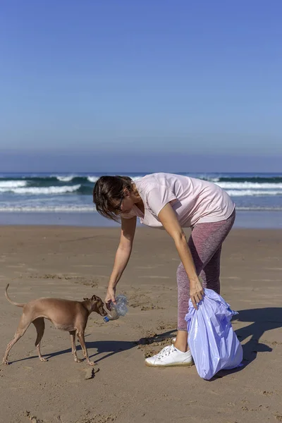 Donna con cane che raccoglie spazzatura e plastica che pulisce la spiaggia — Foto Stock