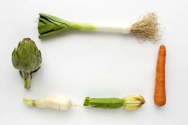 Komposisi ketukan sayuran segar pada latar belakang putih — Stok Foto