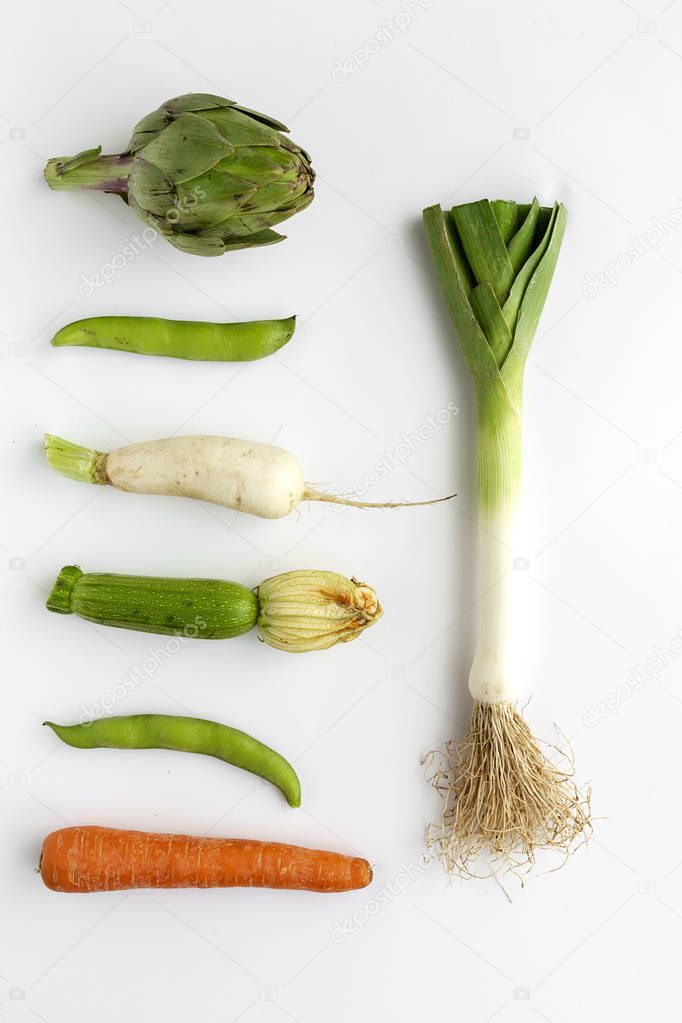 fresh vegetables knolling composition on white background