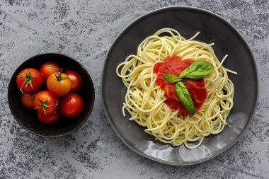 Domates ve fesleğen soslu ev yapımı spagetti, yukarıdan gri arka planda görünüyor. İtalyan pastası. Düz yatıyordu..