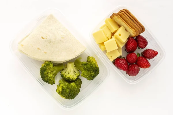 Alimentos Recipientes Plástico Listos Para Comer Desde Arriba Para Llevar — Foto de Stock