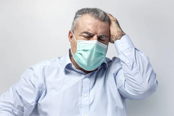 Adult Man Protective Mask Coronavirus Pandemic Studio Isolated White Background — Stock Photo, Image