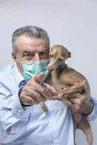 Adult Man Protective Mask Coronavirus Pandemic Italian Greyhound Dog Isolated — Stock Photo, Image