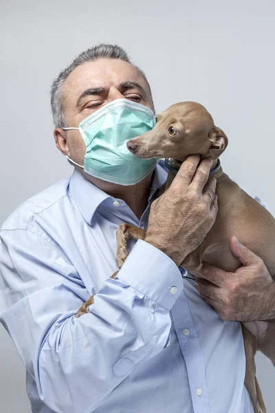 Adult Man Protective Mask Coronavirus Pandemic Italian Greyhound Dog Isolated — Stock Photo, Image