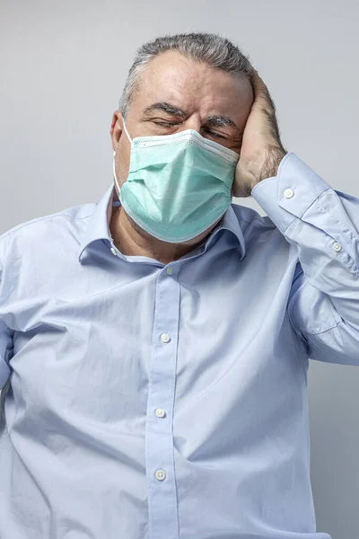 Adult Man Protective Mask Coronavirus Pandemic Studio Isolated White Background — Stock Photo, Image