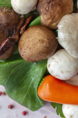 Pişmemiş, çiğ mantarlı, soğanlı, aromatik otlu ve biberli çeşitli yabani mantarlar. Vejetaryen yemeği. Sağlıklı yemek.