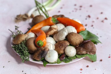 Pişmemiş, çiğ mantarlı, soğanlı, aromatik otlu ve biberli çeşitli yabani mantarlar. Vejetaryen yemeği. Sağlıklı yemek.