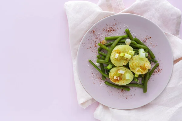 Judías Verdes Caseras Saludables Con Papas Pimentón Cebollas Arriba Comida — Foto de Stock