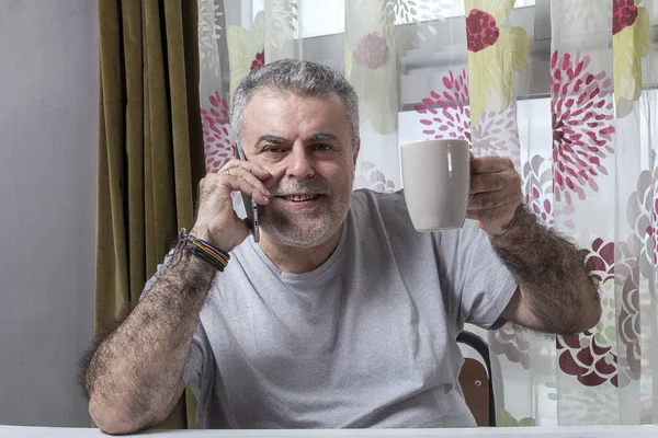 Mature Man Beard Working Home Pajamas Laptop Mobile Phone Coronavirus — Stock Photo, Image