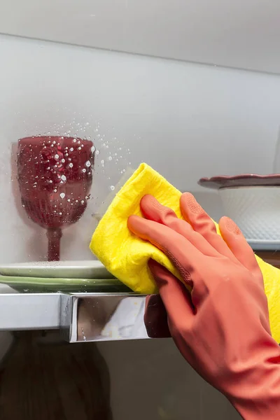 Unrecognizable Woman Hands Protective Gloves Cleaning Disinfecting House Coronavirus Concept — Stock Photo, Image
