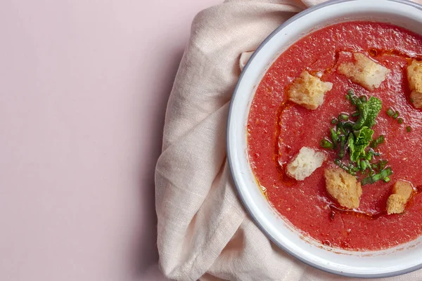 Sopa Tomate Tradicional Casera Colores Vista Superior Fondo Alimento Saludable — Foto de Stock