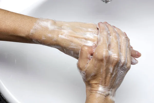 Mycie Dezynfekcja Rąk Zapobieganie Koronawirusom Mycie Rąk Mydłem Gorącą Wodą — Zdjęcie stockowe