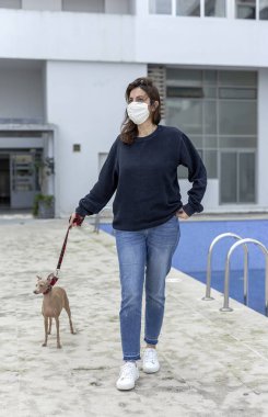 Karantina sırasında koronavirüse karşı koruyucu maskeli bir kadın köpeği kentleşmenin içinde gezdiriyor. Covid-19 konsepti