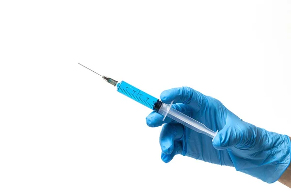 Govd 白い背景にコロナウイルスワクチンを準備ラテックス手袋と注射器で手 隔離されてる パンデミック — ストック写真