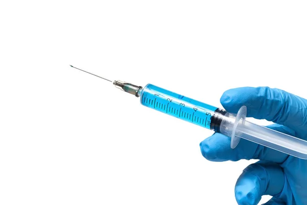 Covid Elleri Lateks Eldivenli Şırıngalı Beyaz Zemin Üzerinde Koronavirüs Aşısı — Stok fotoğraf