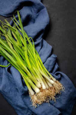 Koyu arkaplanda taze kırmızı ve beyaz soğan. Vejetaryen yemeği. Yiyecek.