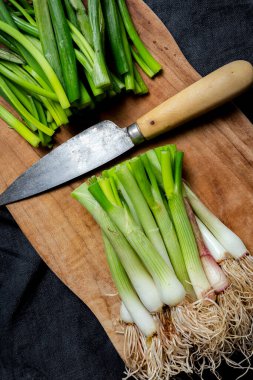 Koyu arkaplanda taze kırmızı ve beyaz soğan. Vejetaryen yemeği. Yiyecek.