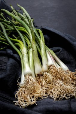 Koyu arkaplanda taze kırmızı ve beyaz soğan. Vejetaryen yemeği. Yiyecek.
