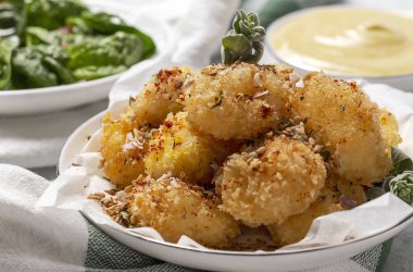 Kızarmış küçük peynirli mozzarella topları baharat, hardal sosu, soya sosu, ıspanak, kekik....