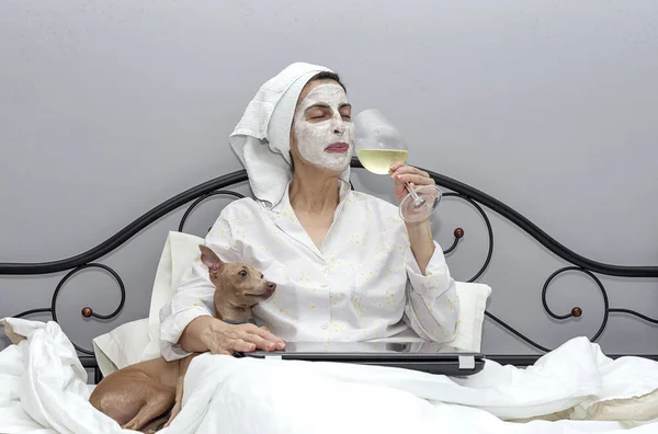 Mature woman taking care of her face with a face mask in bed, with dog, drinking a glass of wine during the covid-19 quarantine.Coronavirus concept