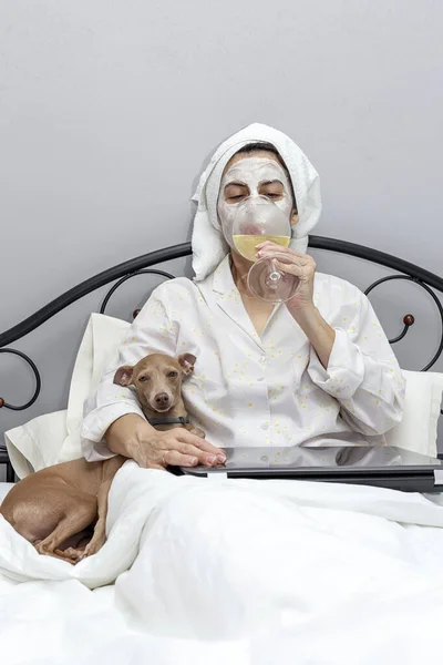 Mature woman taking care of her face with a face mask in bed, with dog, drinking a glass of wine during the covid-19 quarantine.Coronavirus concept