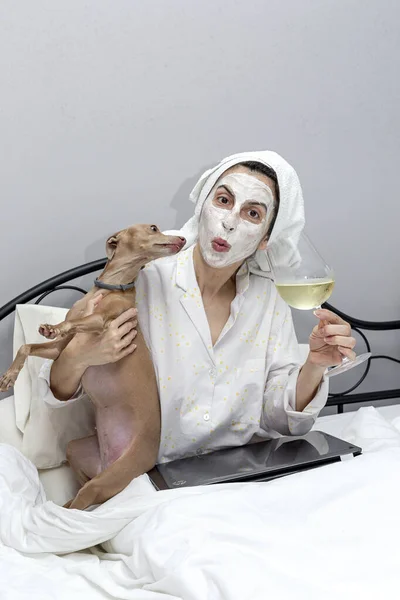 Mature woman taking care of her face with a face mask in bed, with dog, drinking a glass of wine during the covid-19 quarantine.Coronavirus concept