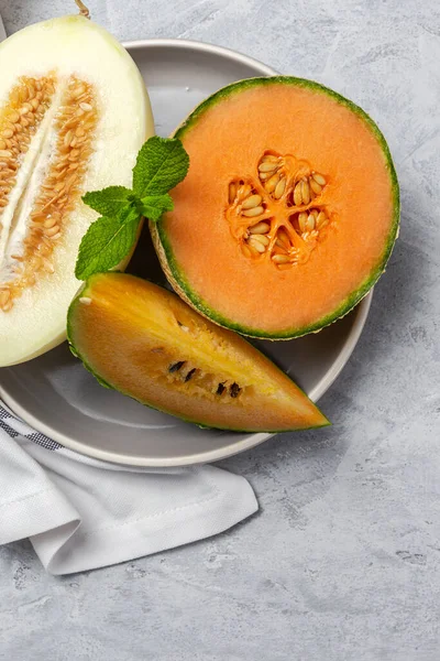 Fresh Assortment Melon Mint Gray Background Vegan Food Concept Healthy — Stock Photo, Image