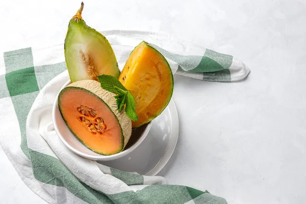 Fresh Assortment Melon Mint White Background Vegan Food Concept Healthy — Stock Photo, Image