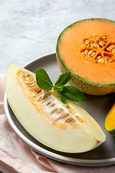 Fresh Assortment Melon Mint Gray Background Vegan Food Concept Healthy — Stock Photo, Image